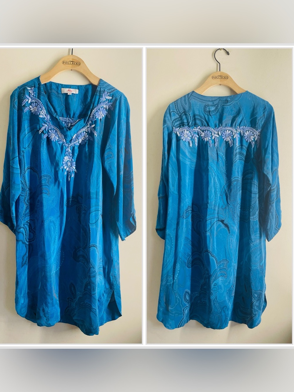 Amaya Silk Tunic Dress Size 38 (S) Blue Paisley Floral Embroidered Boho Kaftan